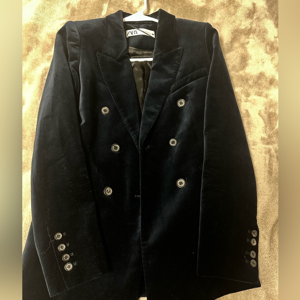 Zara Navy Velvet Double-Breasted Pea Coat